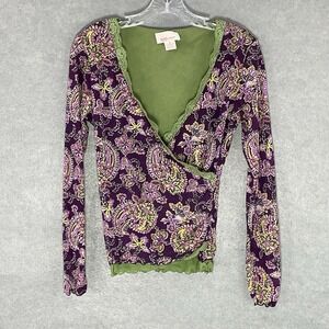 Nine & Co by Nine West Top Women Sz M Floral Mesh Lace V-Neck Y2K Forest‎ Fairy